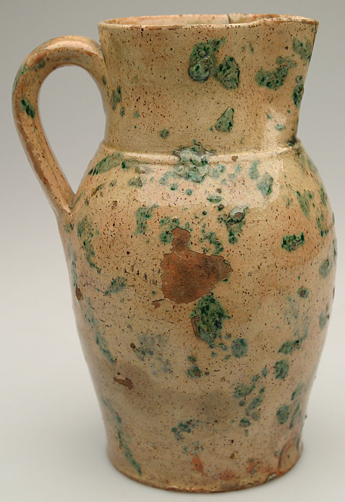 EXTREMELY RARE AND IMPORTANT "BAECHER WINCHESTER VA" SHENANDOAH VALLEY OF VIRGINIA LEAD GLAZE OVER DECORATED SLIP WASHED EARTHENWARE / REDWARE PITCHER