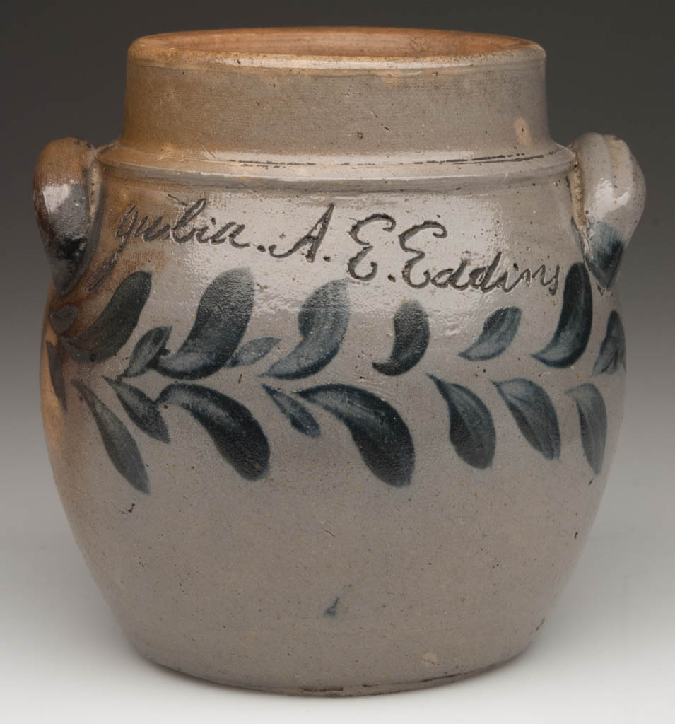 RARE AND IMPORTANT COFFMAN SCHOOL, PROBABLY ROCKINGHAM CO., SHENANDOAH VALLEY OF VIRGINIA INSCRIBED AND DECORATED SALT-GLAZED STONEWARE DIMINUTIVE LIDDED JAR
