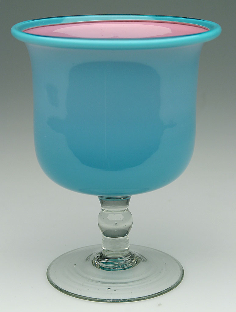 FREE-BLOWN OPEN SUGAR BOWL rose cased powder blue bowl with folded rim, colorless applied solid stem and circular foot, rough pontil mark