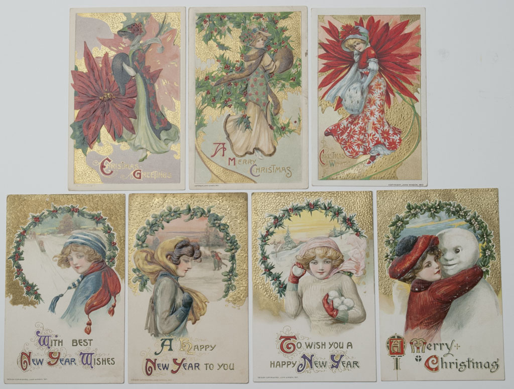 WINSCH CHRISTMAS AND NEW YEAR POST CARDS, LOT OF SEVEN