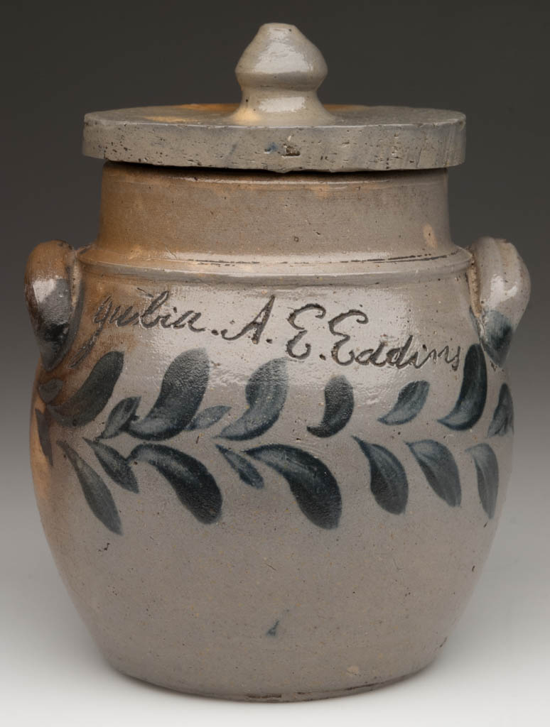 RARE AND IMPORTANT COFFMAN SCHOOL, PROBABLY ROCKINGHAM CO., SHENANDOAH VALLEY OF VIRGINIA INSCRIBED AND DECORATED SALT-GLAZED STONEWARE DIMINUTIVE LIDDED JAR
