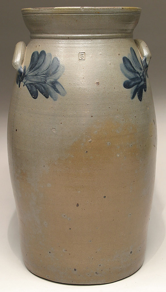 IMPORTANT EMANUEL SUTER (ATTRIBUTED), NEW ERECTION POTTERY, ROCKINGHAM CO., SHENANDOAH VALLEY OF VIRGINIA DECORATED STONEWARE CHURN