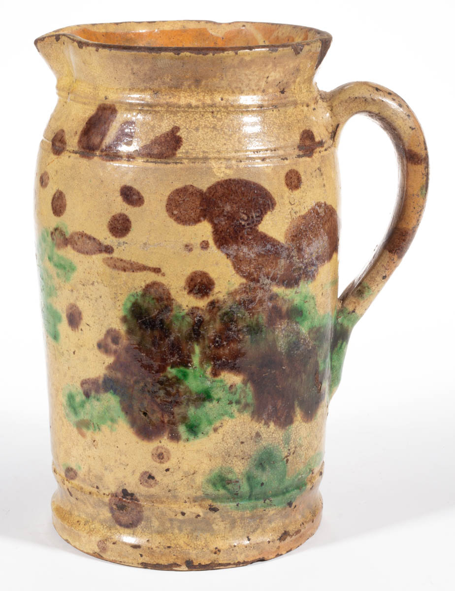 STAMPED “S. BELL & SON / STRASBURG”, SHENANDOAH VALLEY OF VIRGINIA POLYCHROME-DECORATED EARTHENWARE / REDWARE PITCHER