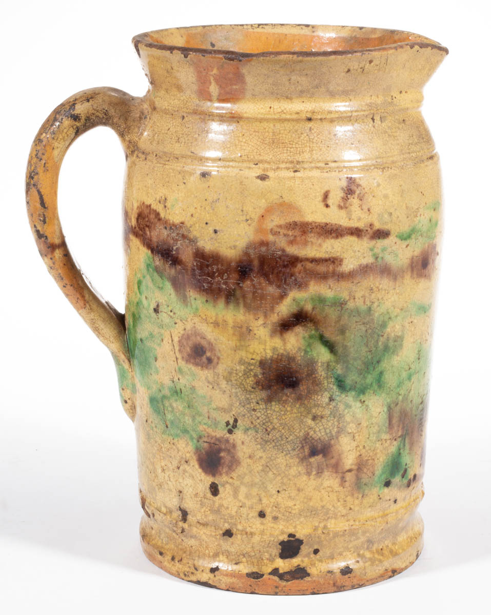 STAMPED “S. BELL & SON / STRASBURG”, SHENANDOAH VALLEY OF VIRGINIA POLYCHROME-DECORATED EARTHENWARE / REDWARE PITCHER