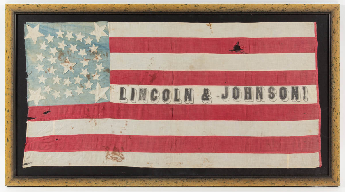 EXTREMELY RARE, POSSIBLY UNIQUE, 34-STAR LINCOLN-JOHNSON PRESIDENTIAL CAMPAIGN FLAG BANNER