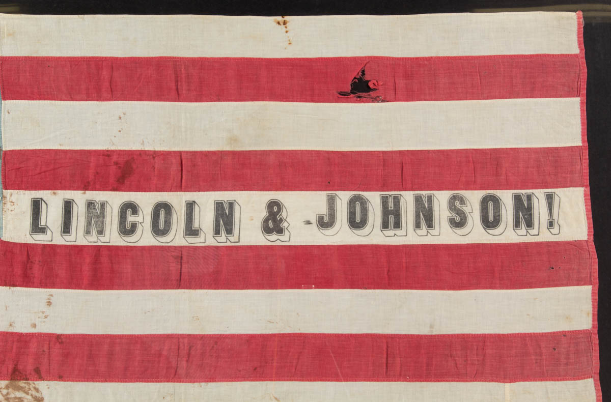 EXTREMELY RARE, POSSIBLY UNIQUE, 34-STAR LINCOLN-JOHNSON PRESIDENTIAL CAMPAIGN FLAG BANNER