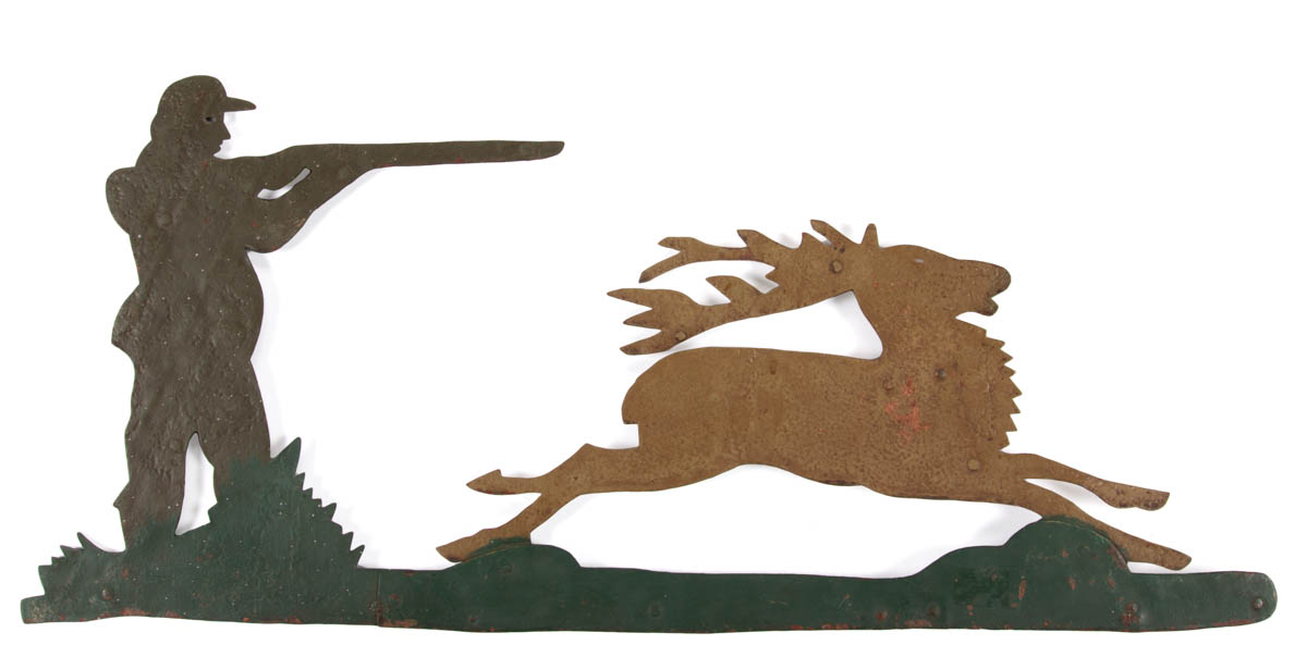 AMERICAN FOLK ART CUT-OUT SHEET-IRON HUNTER AND STAG WEATHERVANE