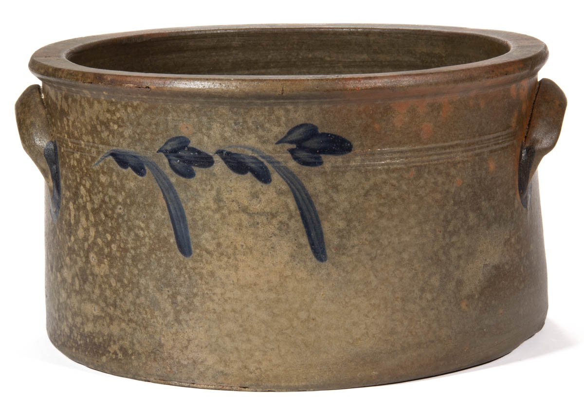 JOHN D. HEATWOLE, ROCKINGHAM CO., SHENANDOAH VALLEY OF VIRGINIA DECORATED STONEWARE CAKE CROCK