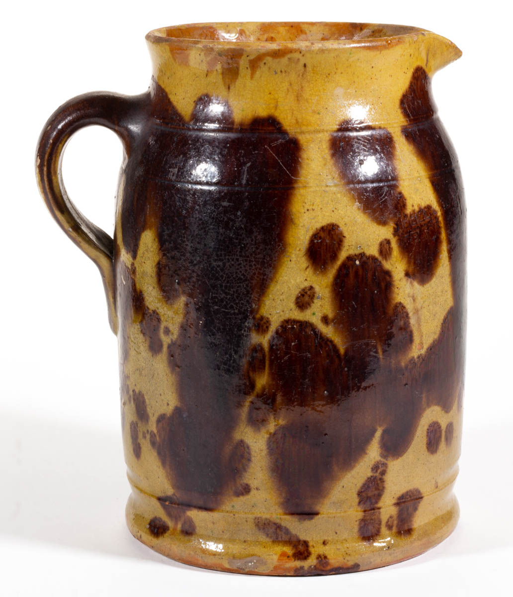 STAMPED “S. BELL & SON / STRASBURG”, SHENANDOAH VALLEY OF VIRGINIA DECORATED EARTHENWARE / REDWARE PITCHER