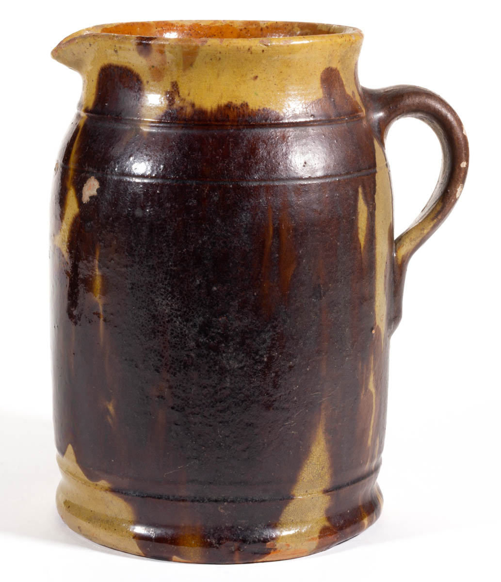 STAMPED “S. BELL & SON / STRASBURG”, SHENANDOAH VALLEY OF VIRGINIA DECORATED EARTHENWARE / REDWARE PITCHER