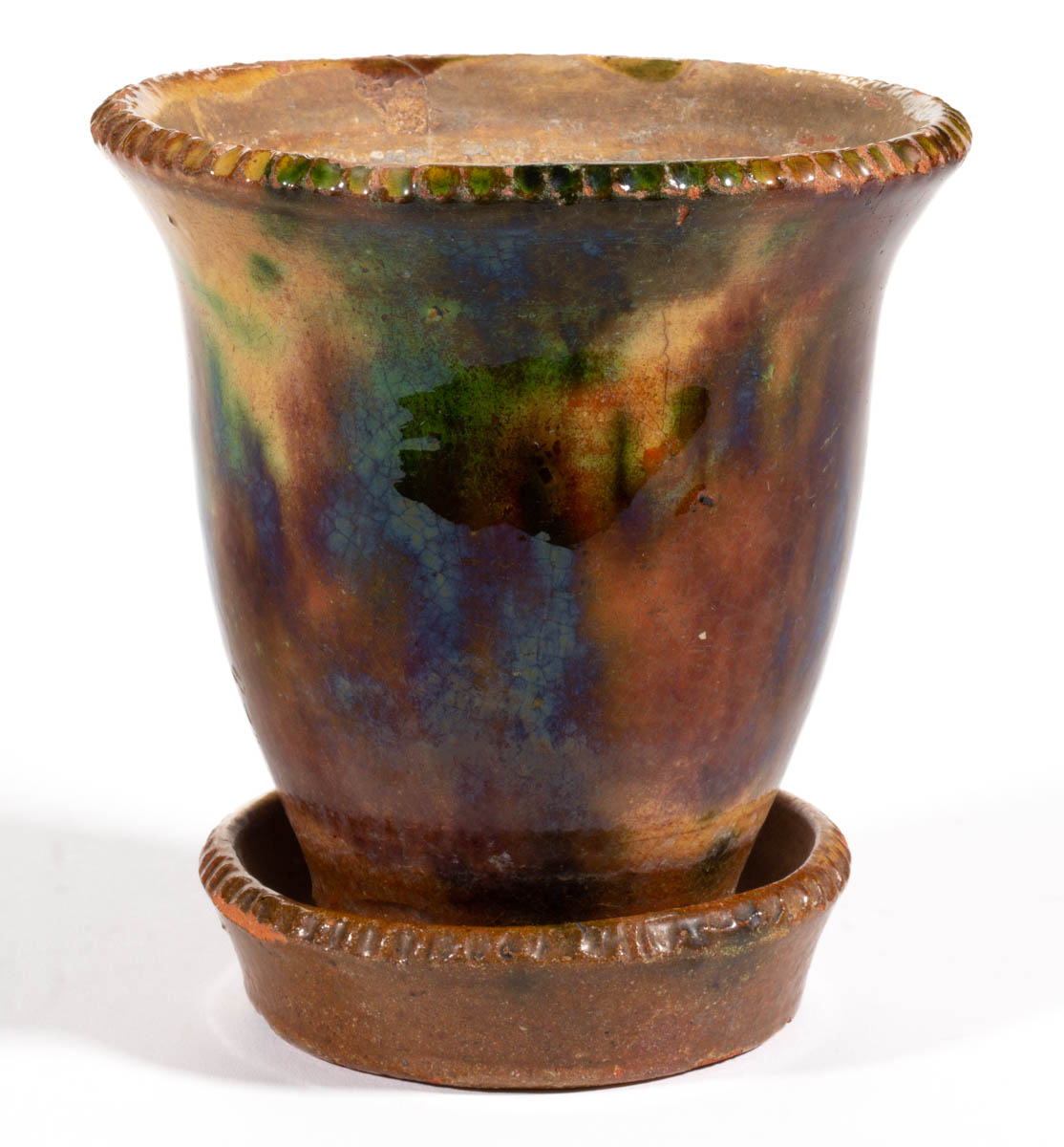 STRASBURG, SHENANDOAH VALLEY OF VIRGINIA POLYCHROME-DECORATED EARTHENWARE / REDWARE DIMINUTIVE FLOWER POT