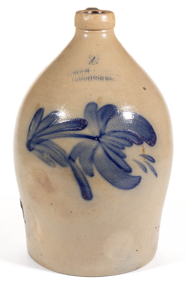 STAMPED “COWDEN & WILCOX / HARRISBURG, PA”, PENNSYLVANIA DECORATED STONEWARE JUG