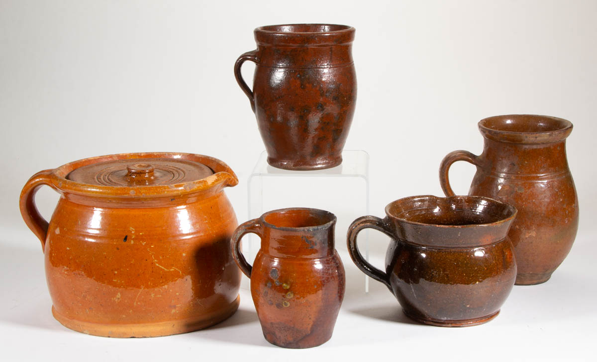 AMERICAN EARTHENWARE / REDWARE VESSELS, LOT OF FIVE