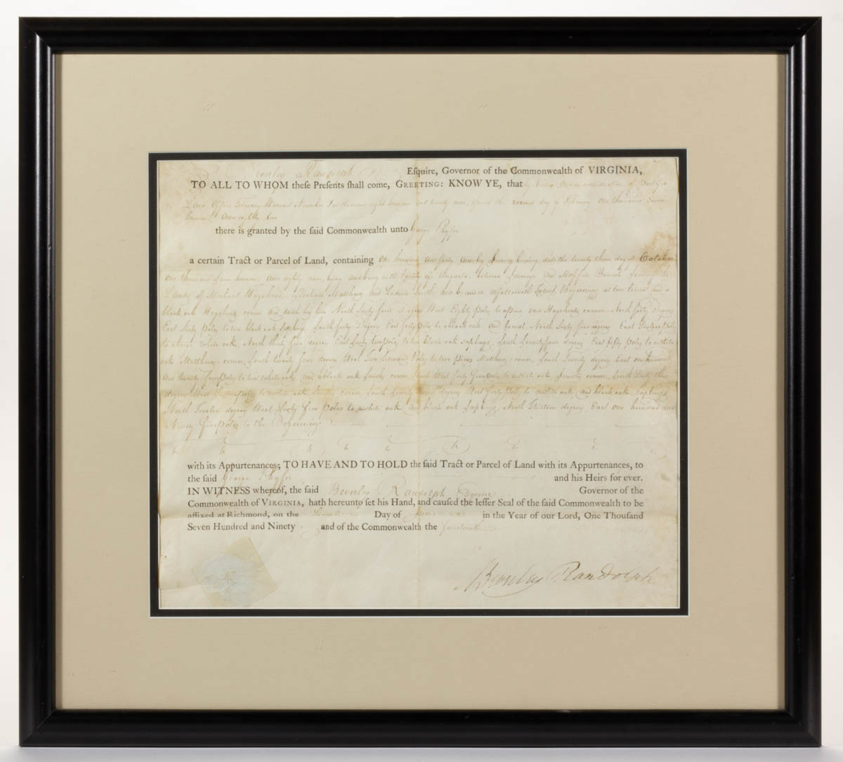 BEVERLEY RANDOLPH (1754-1794) SIGNED 1790 VIRGINIA LAND GRANT DOCUMENT