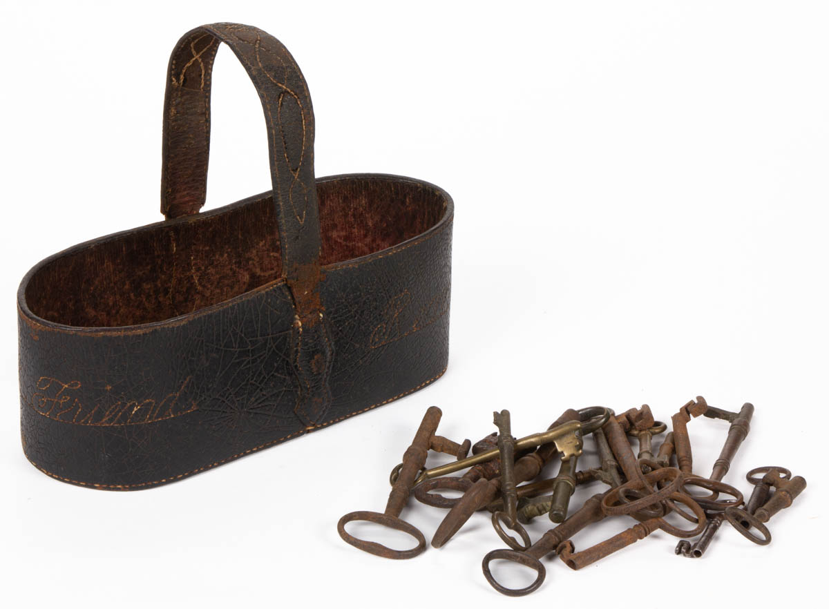 EXTREMELY RARE VIRGINIA DECORATED AND INSCRIBED LEATHER KEY BASKET