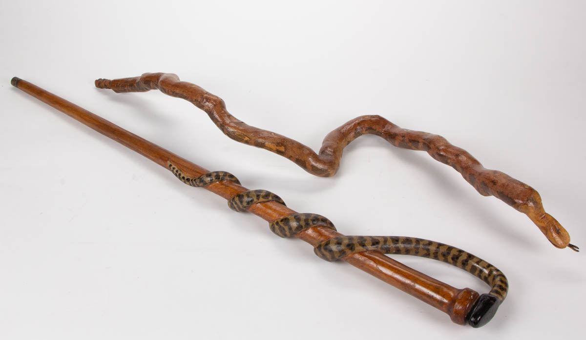 CONTEMPORARY FOLK ART CARVED AND PAINTED SNAKES, LOT OF TWO