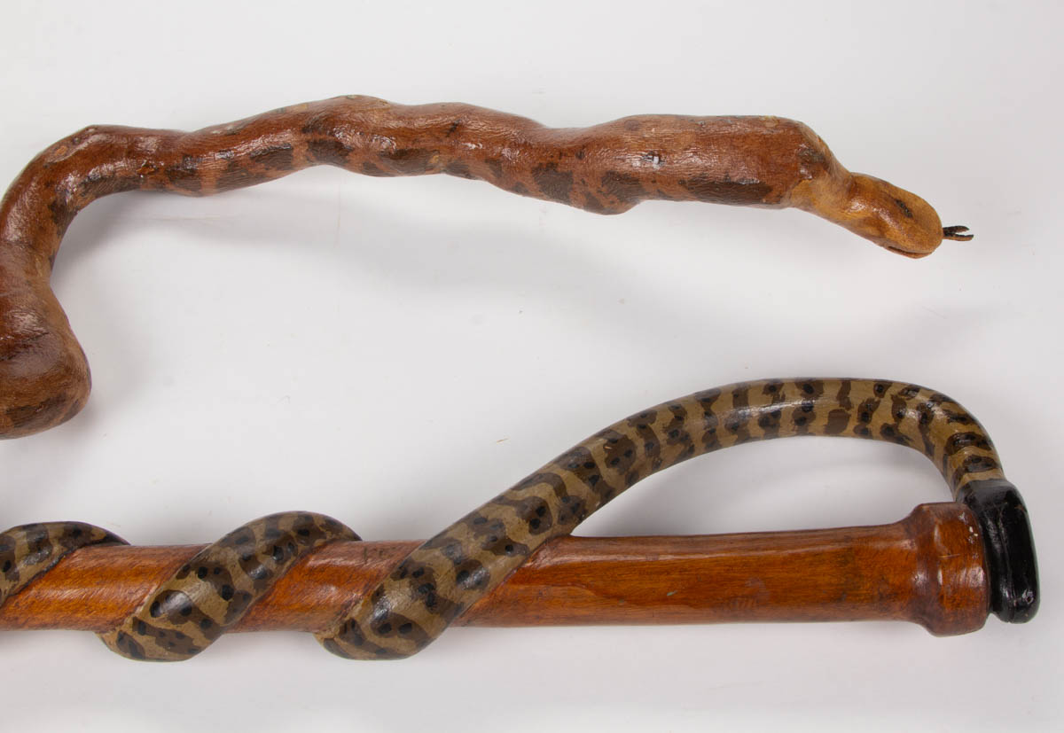 CONTEMPORARY FOLK ART CARVED AND PAINTED SNAKES, LOT OF TWO
