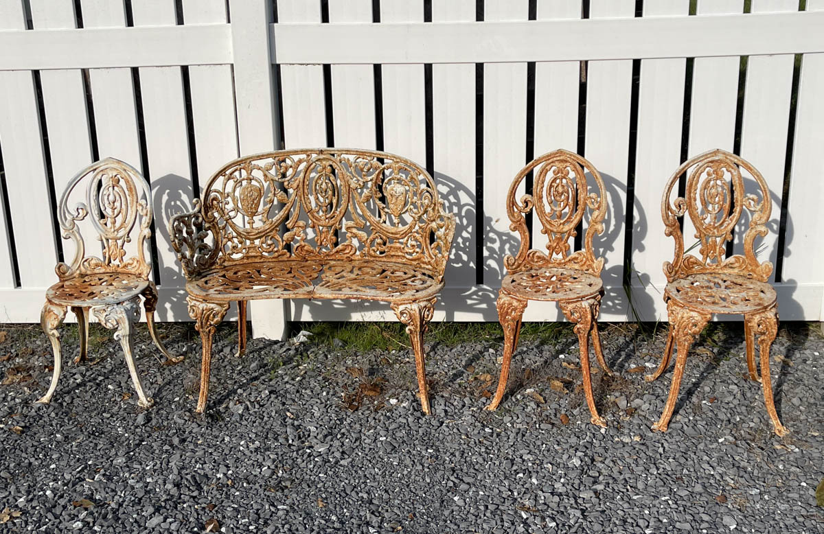 VICTORIAN PAINTED CAST-IRON GARDEN BENCH AND CHAIRS, LOT OF FOUR