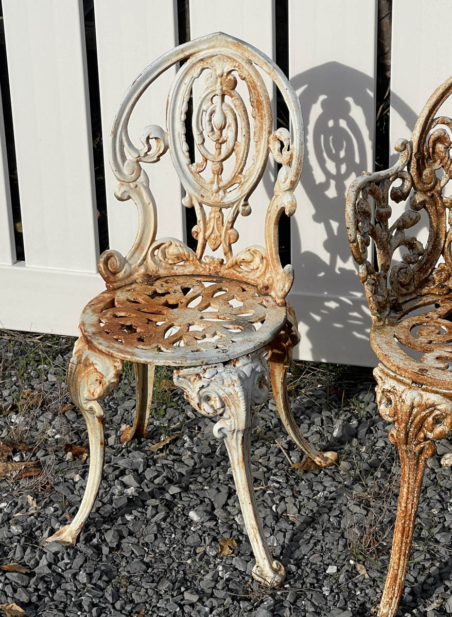 VICTORIAN PAINTED CAST-IRON GARDEN BENCH AND CHAIRS, LOT OF FOUR