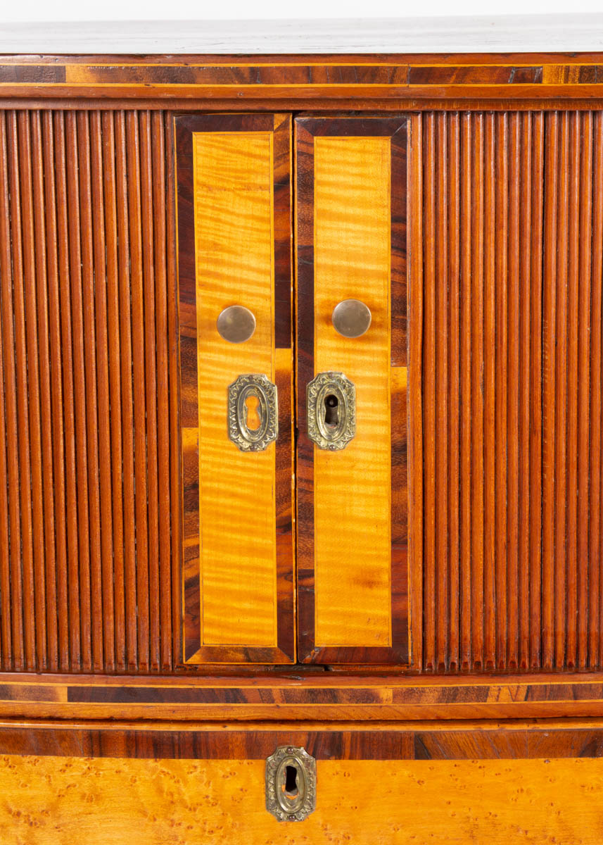 NEW ENGLAND LATE FEDERAL INLAID CHERRY AND FIGURED MAPLE HALF SIDEBOARD