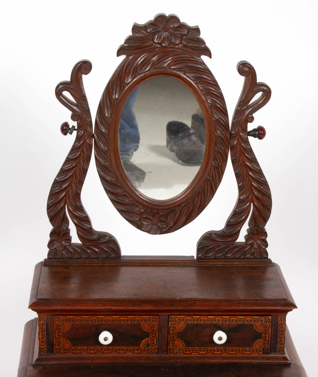 AMERICAN VICTORIAN INLAID AND CARVED MAHOGANY CHILD’S / DOLL DRESSER
