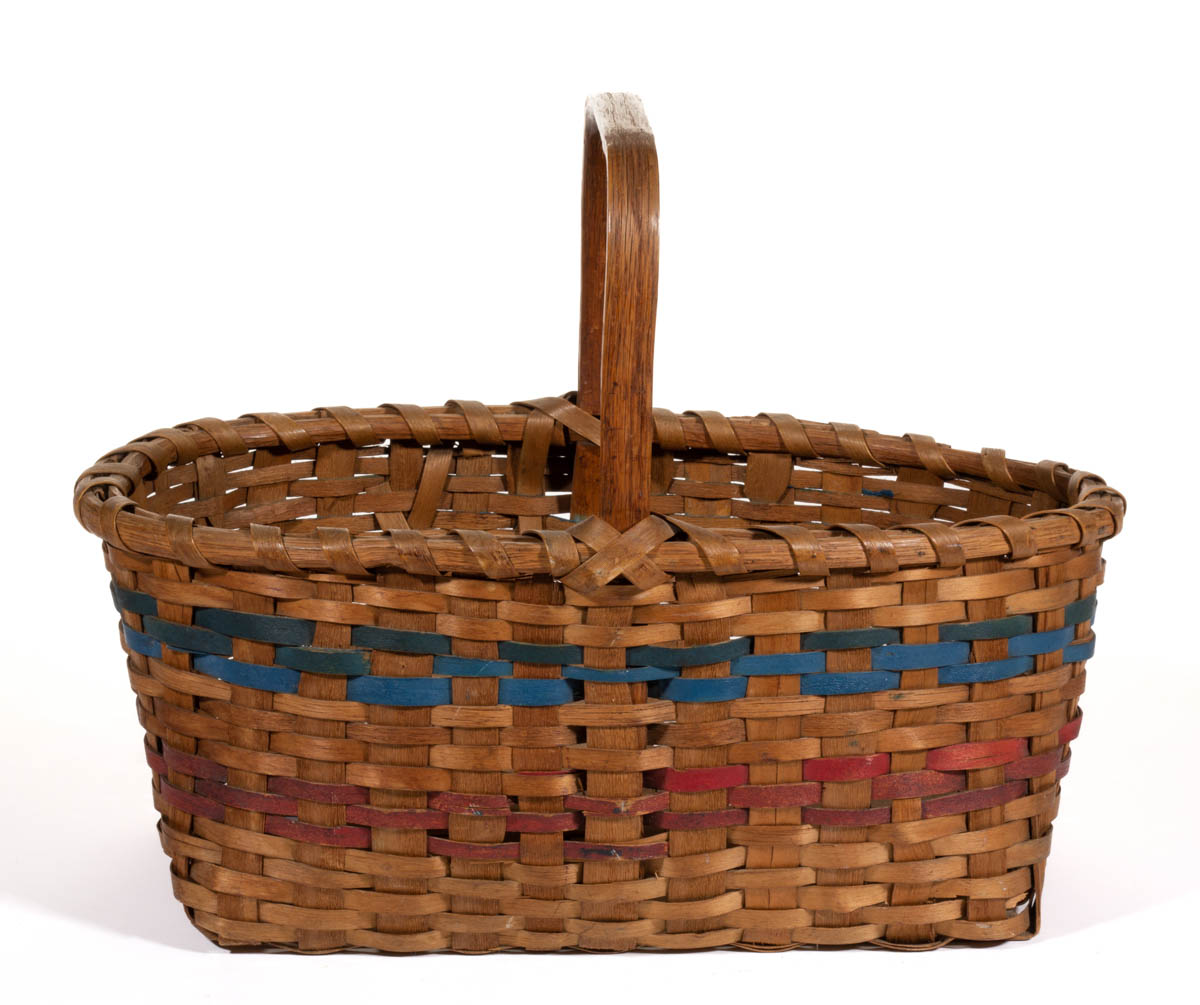 NEW ENGLAND PAINT-DECORATED STAVE-TYPE WOVEN-SPLINT BASKET