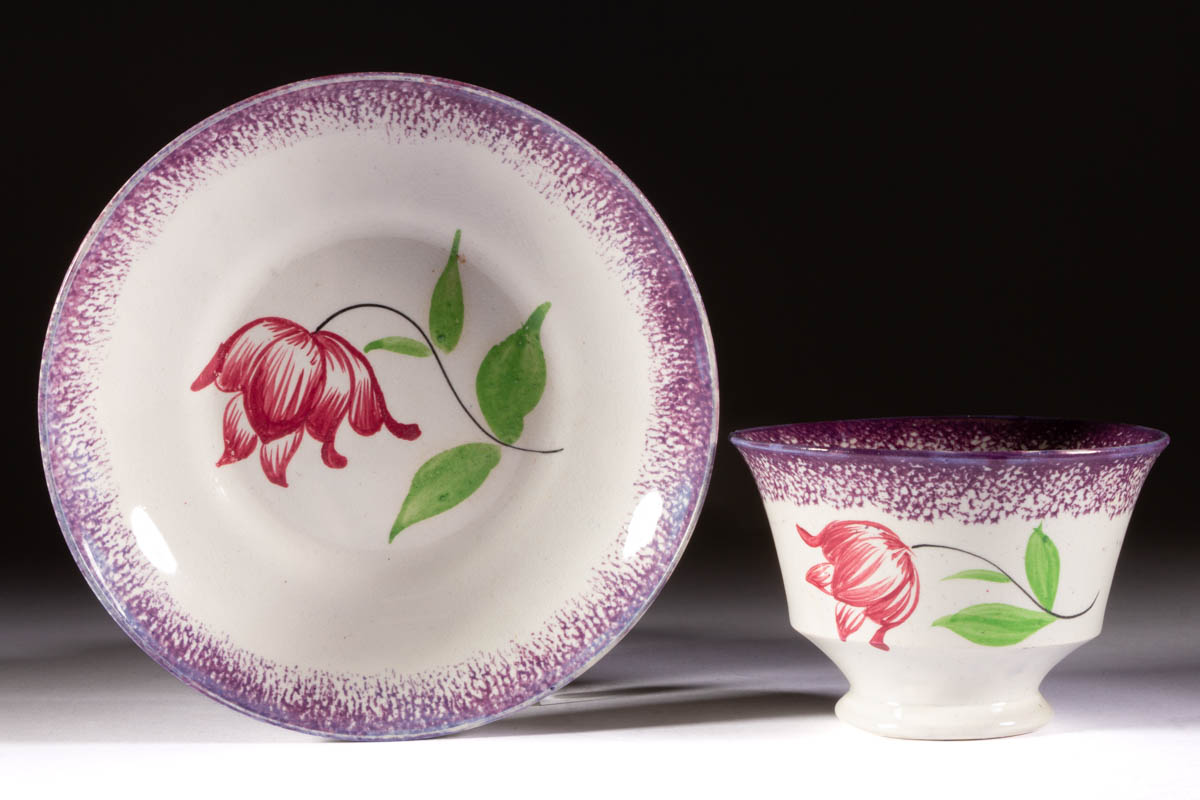 ENGLISH SPATTERWARE TULIP CERAMIC CUP AND SAUCER SET