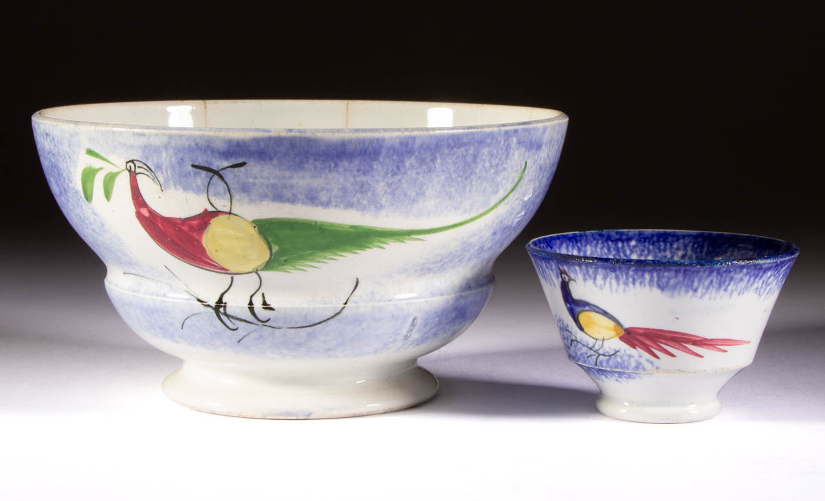 ENGLISH SPATTERWARE PEAFOWL CERAMIC ARTICLES, LOT OF TWO