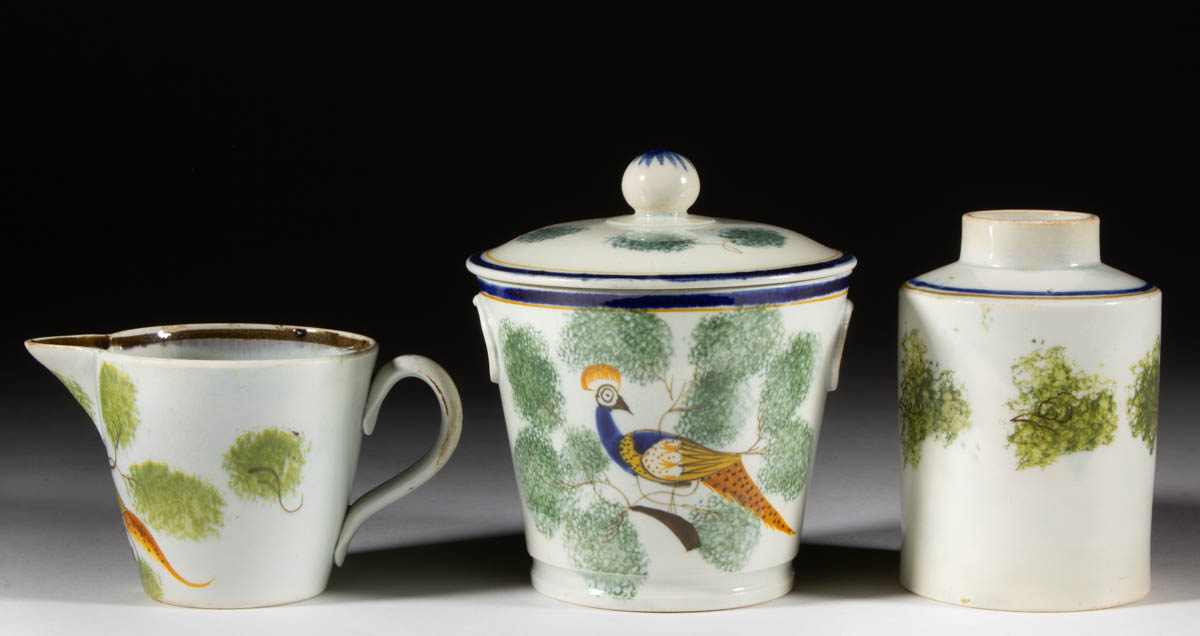 ENGLISH PEARLWARE PEAFOWL CERAMIC TEA ARTICLES, LOT OF THREE