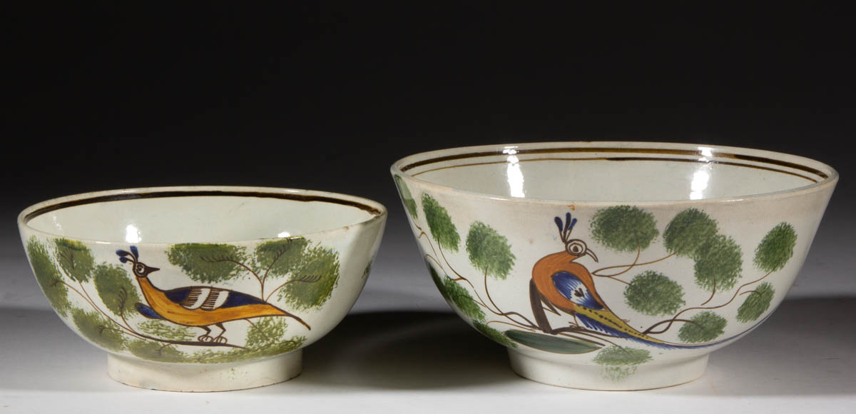 ENGLISH PEARLWARE PEAFOWL CERAMIC BOWLS, LOT OF TWO