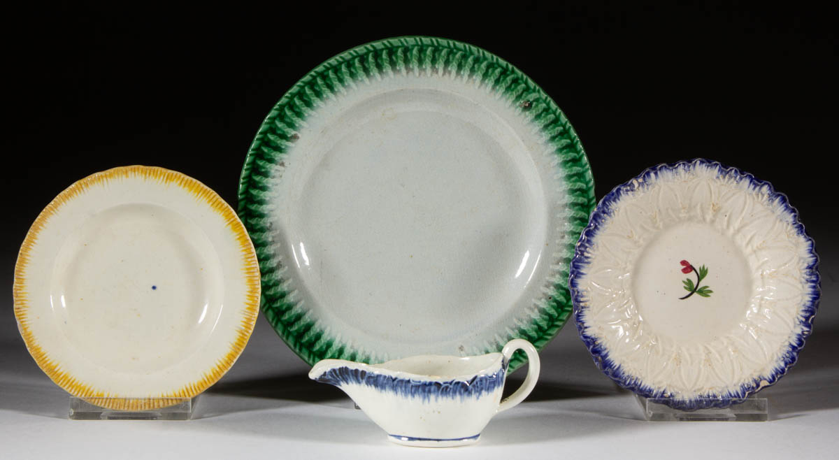 ENGLISH PEARLWARE SHELL EDGE CERAMIC CHILDREN’S TOY ARTICLES, LOT OF FOUR