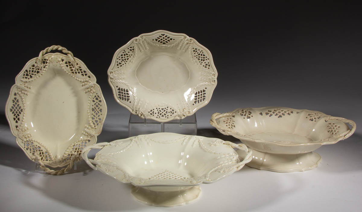 ENGLISH CREAMWARE CERAMIC RETICULATED TABLE ARTICLES, LOT OF FOUR