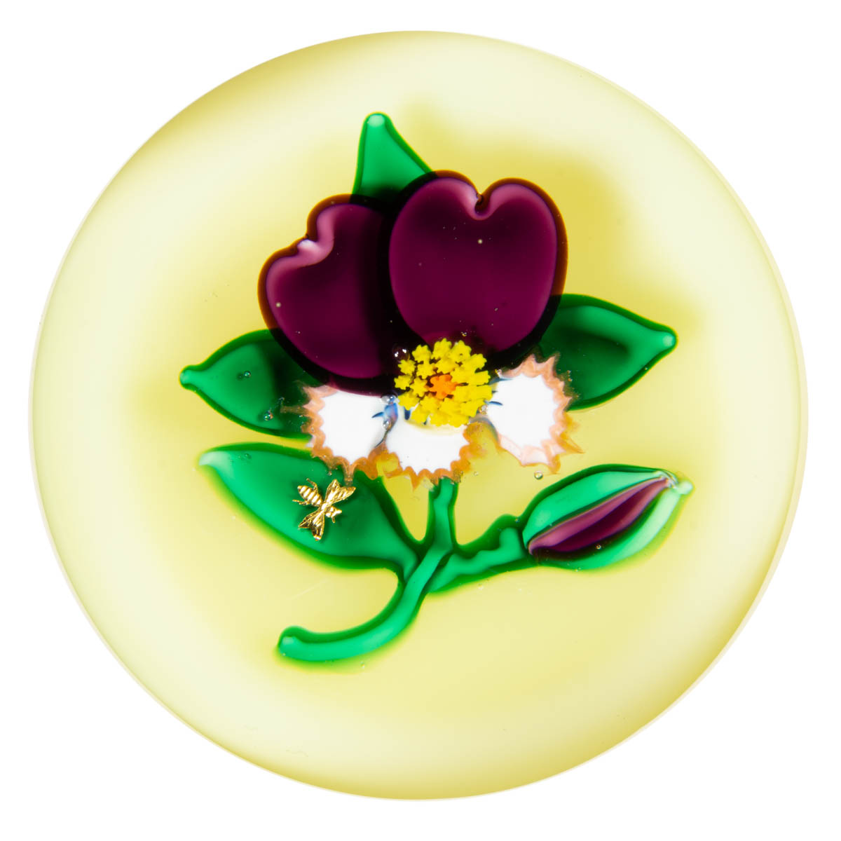 CHARLES KAZIUN JR. (AMERICAN, 1919-1992) PANSY LAMPWORK STUDIO ART GLASS PAPERWEIGHT