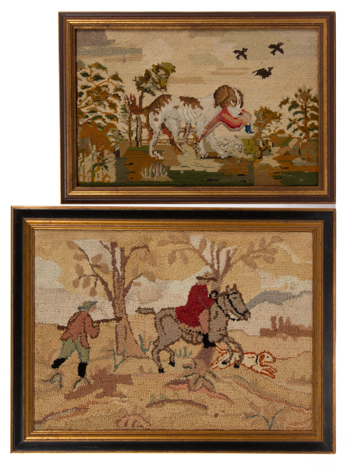 AMERICAN HUNTING / SPORTING SCENE TEXTILE PICTURES, LOT OF TWO