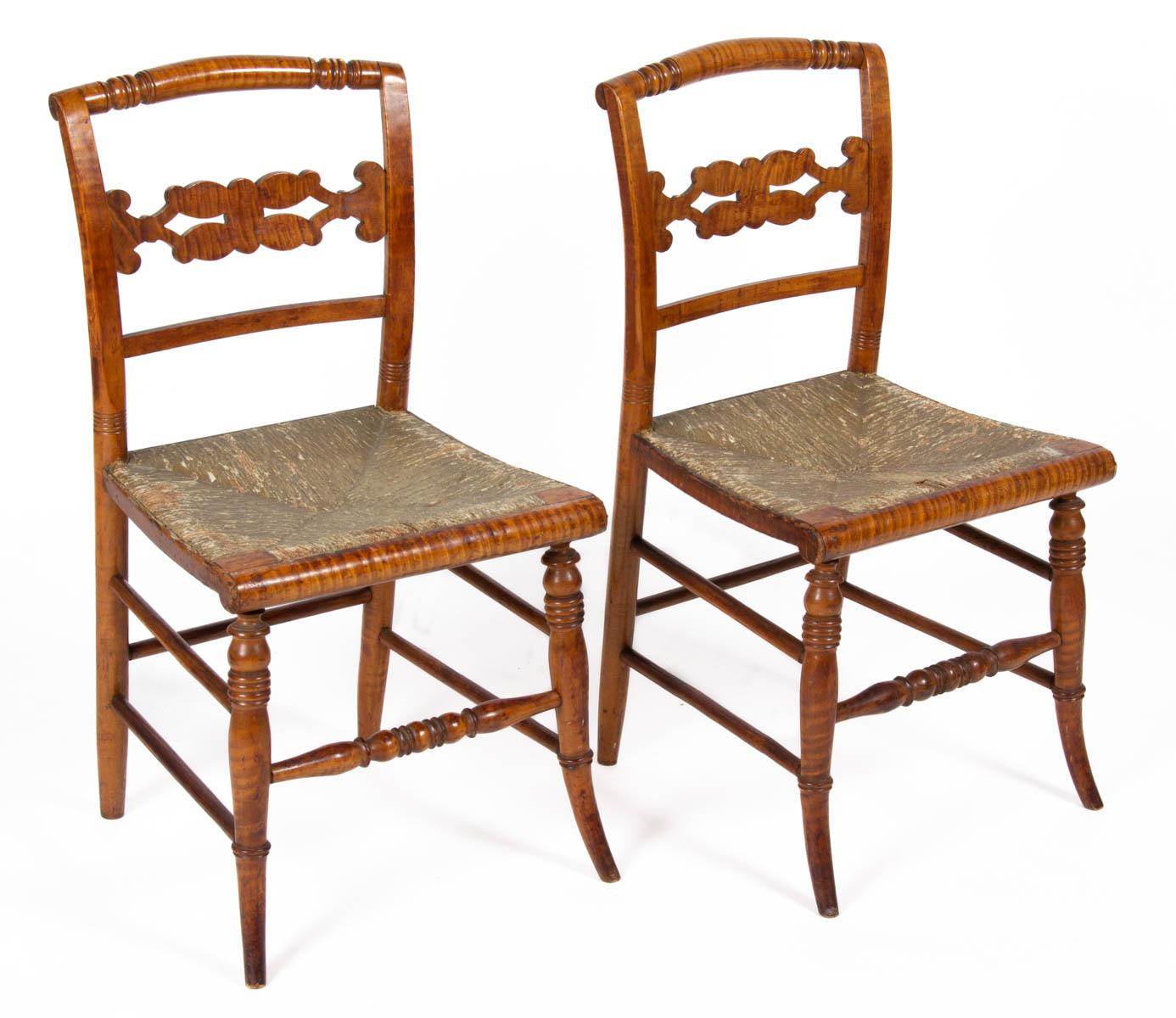 PAIR OF NEW YORK CLASSICAL TIGER MAPLE SIDE CHAIRS