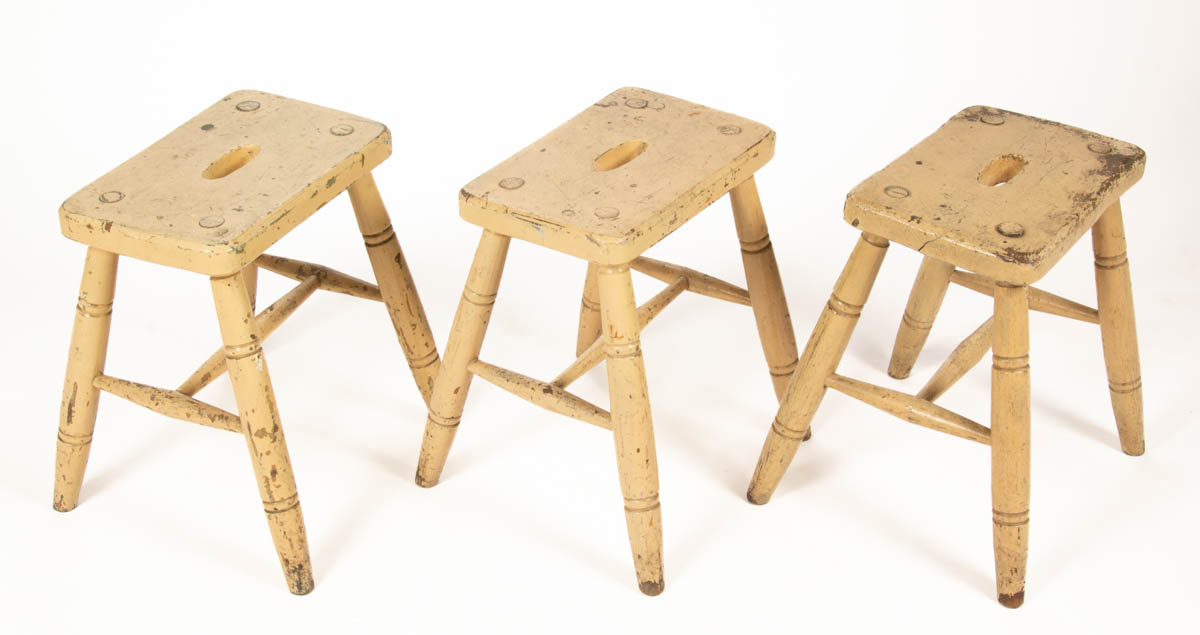 BRITISH PAINTED HARDWOOD STOOLS / CASKET STANDS, LOT OF THREE