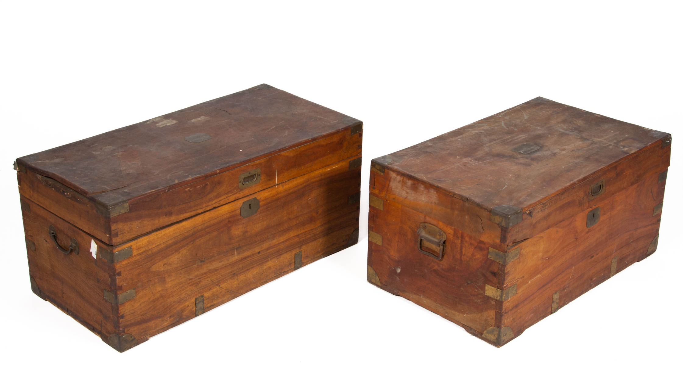 BRITISH BRASS-BOUND TEAK CAMPAIGN CHESTS / TRUNKS, LOT OF TWO