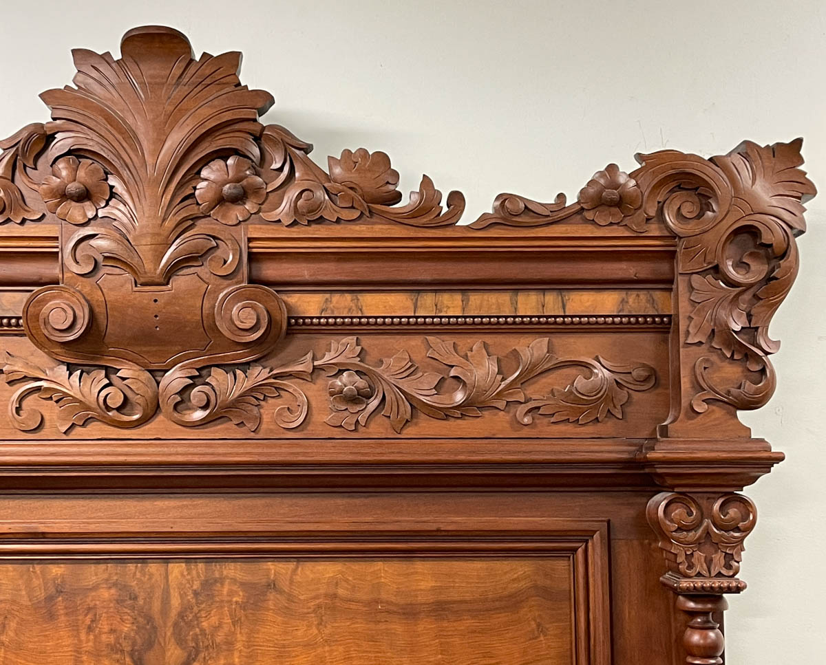 OUTSTANDING AMERICAN VICTORIAN CARVED WALNUT MARBLE-TOP MONUMENTAL THREE-PIECE BEDROOM SUITE