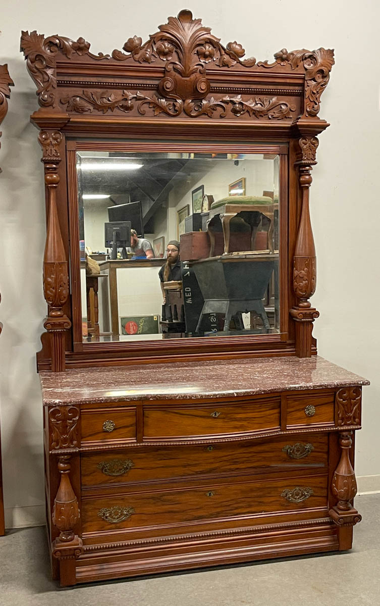 OUTSTANDING AMERICAN VICTORIAN CARVED WALNUT MARBLE-TOP MONUMENTAL THREE-PIECE BEDROOM SUITE