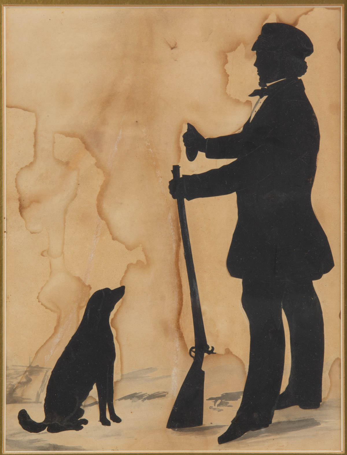 AMERICAN OR BRITISH SCHOOL (19TH CENTURY) FOLK ART CUT-AND-PASTED SILHOUETTE OF HUNTER AND DOG