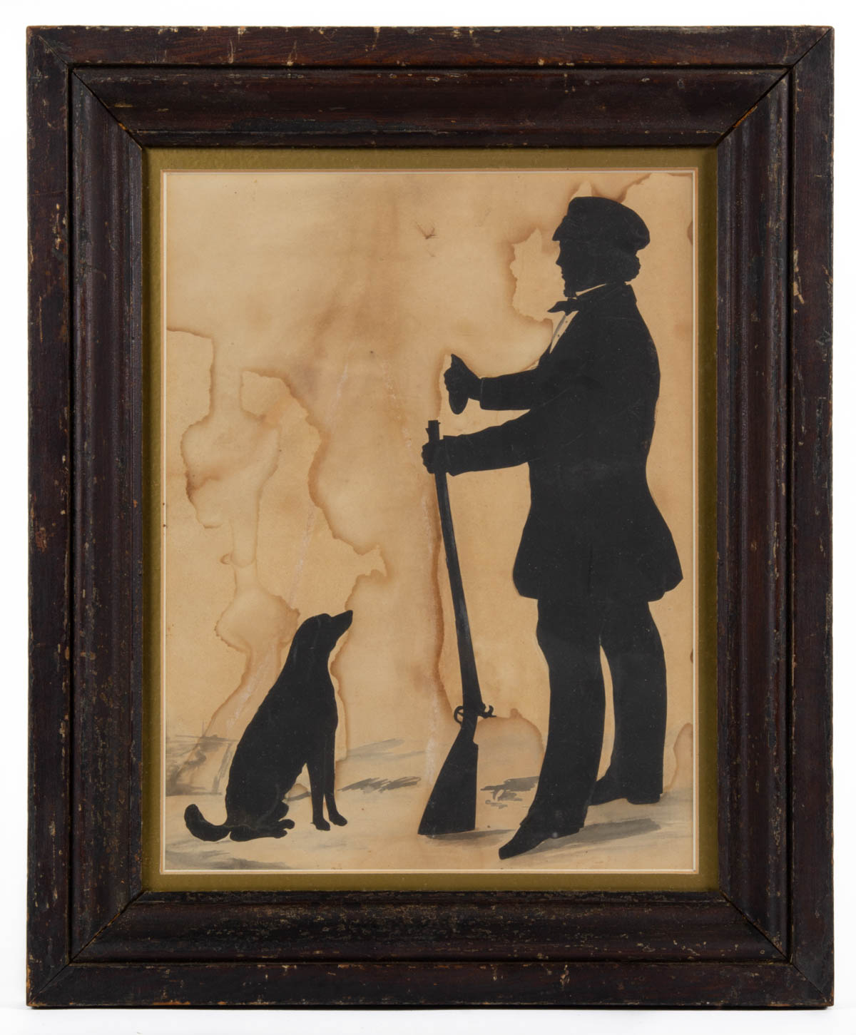 AMERICAN OR BRITISH SCHOOL (19TH CENTURY) FOLK ART CUT-AND-PASTED SILHOUETTE OF HUNTER AND DOG