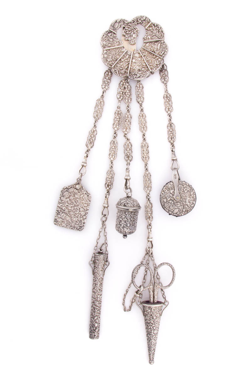 VICTORIAN ENGLISH STERLING SILVER SEWING CHATELAINE WITH APPENDAGES