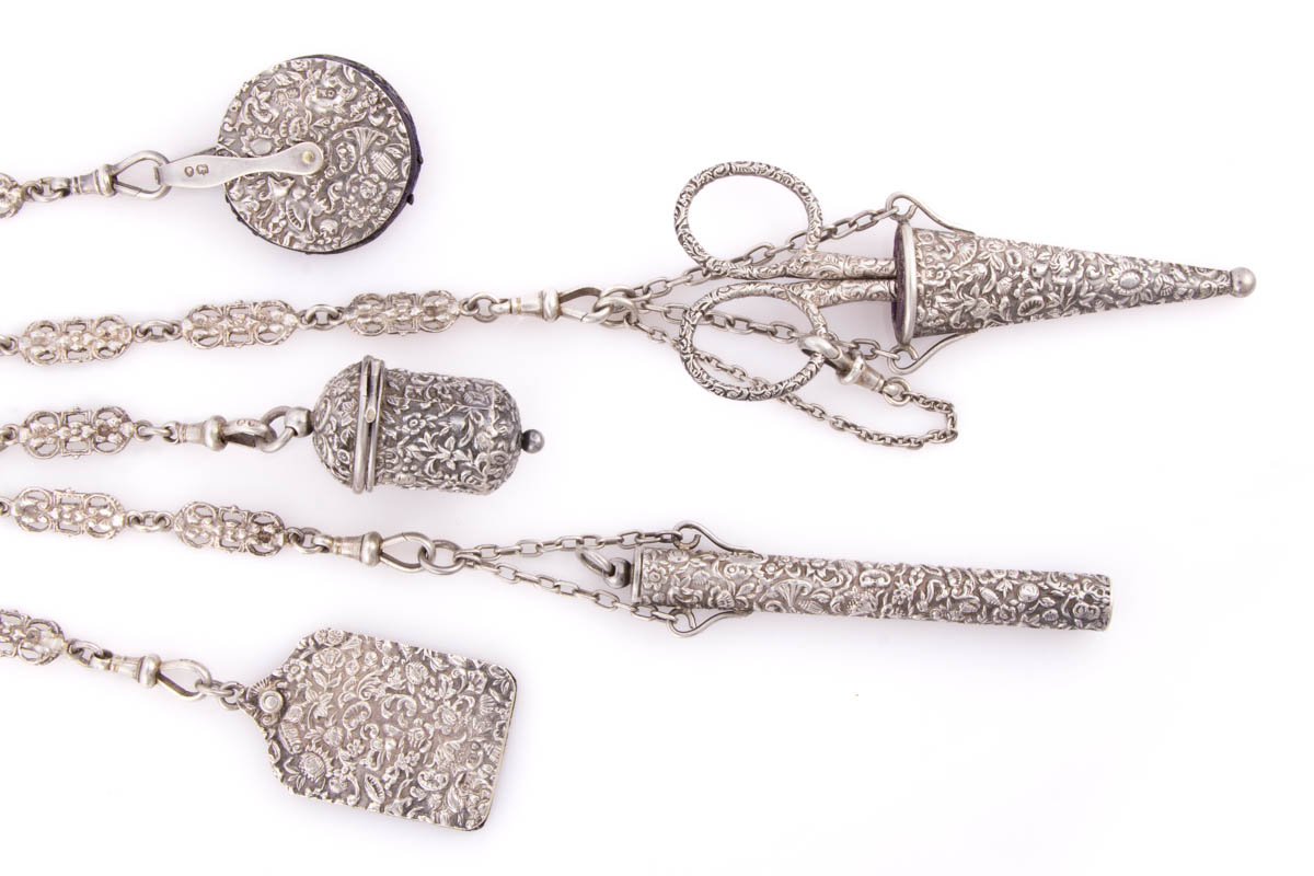 VICTORIAN ENGLISH STERLING SILVER SEWING CHATELAINE WITH APPENDAGES