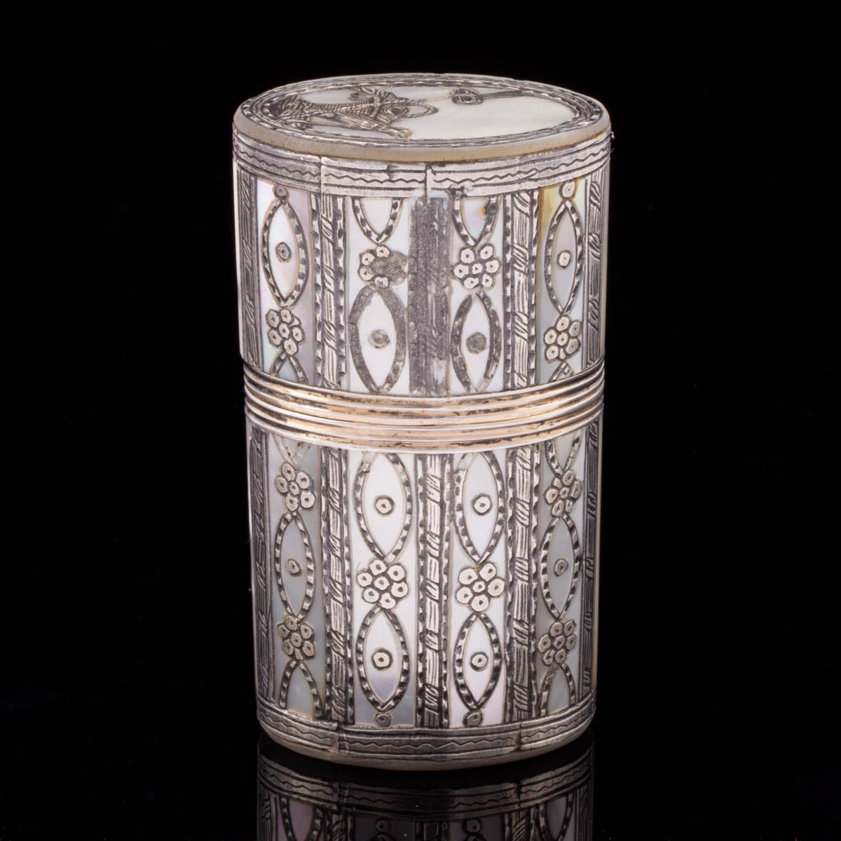 FRENCH MOTHER-OF-PEARL WITH SILVER OVERLAY SEWING ETUI / KIT WITH NECESSAIRE TOOLS