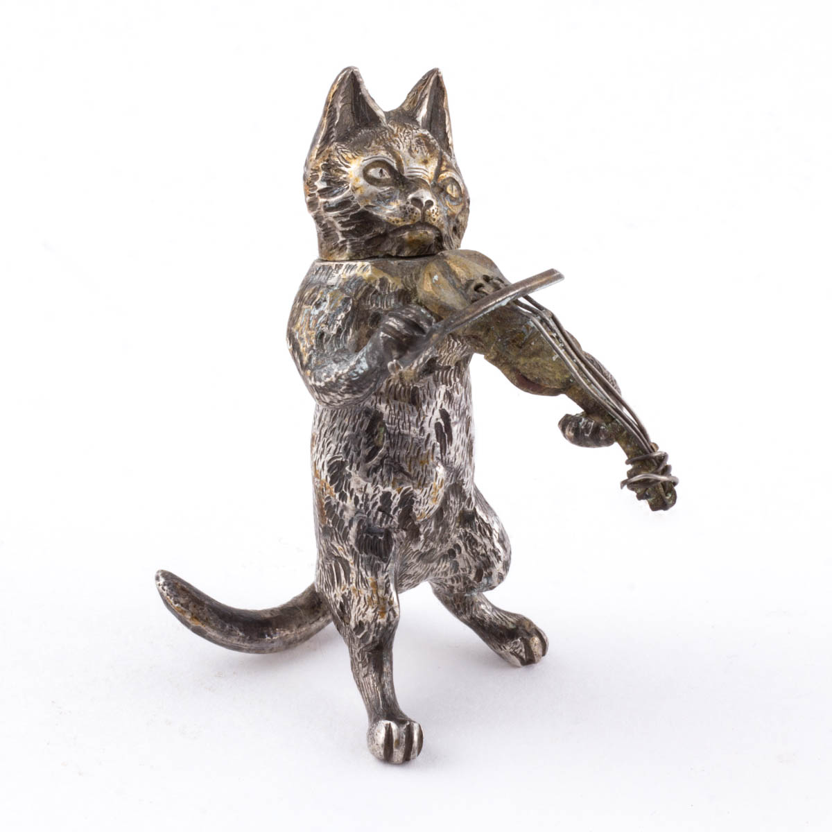 GERMAN 0.800 SILVER CAT AND THE FIDDLE FIGURAL SEWING NEEDLE CASE