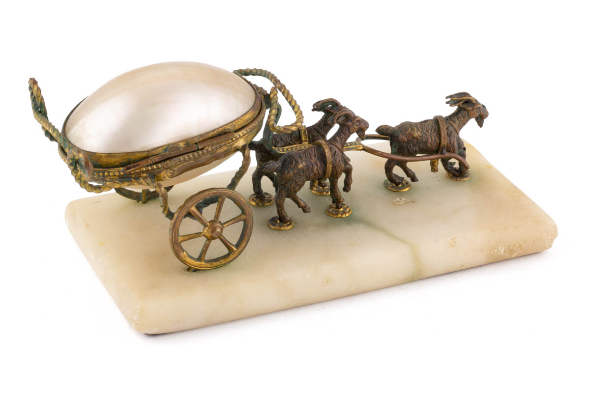 BRASS AND MOTHER-OF-PEARL FIGURAL GOAT CART SEWING CONTAINER / THIMBLE CASE