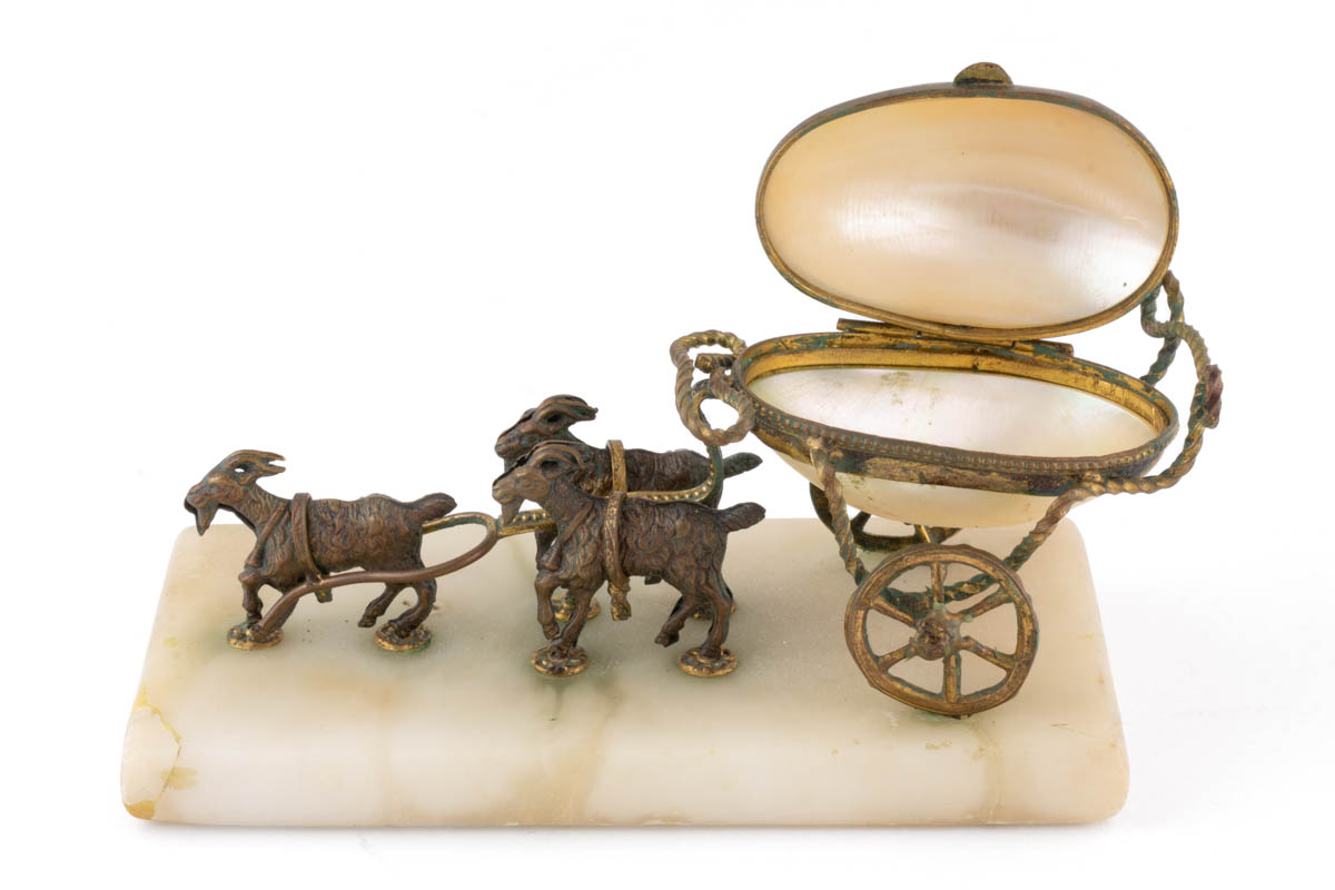BRASS AND MOTHER-OF-PEARL FIGURAL GOAT CART SEWING CONTAINER / THIMBLE CASE