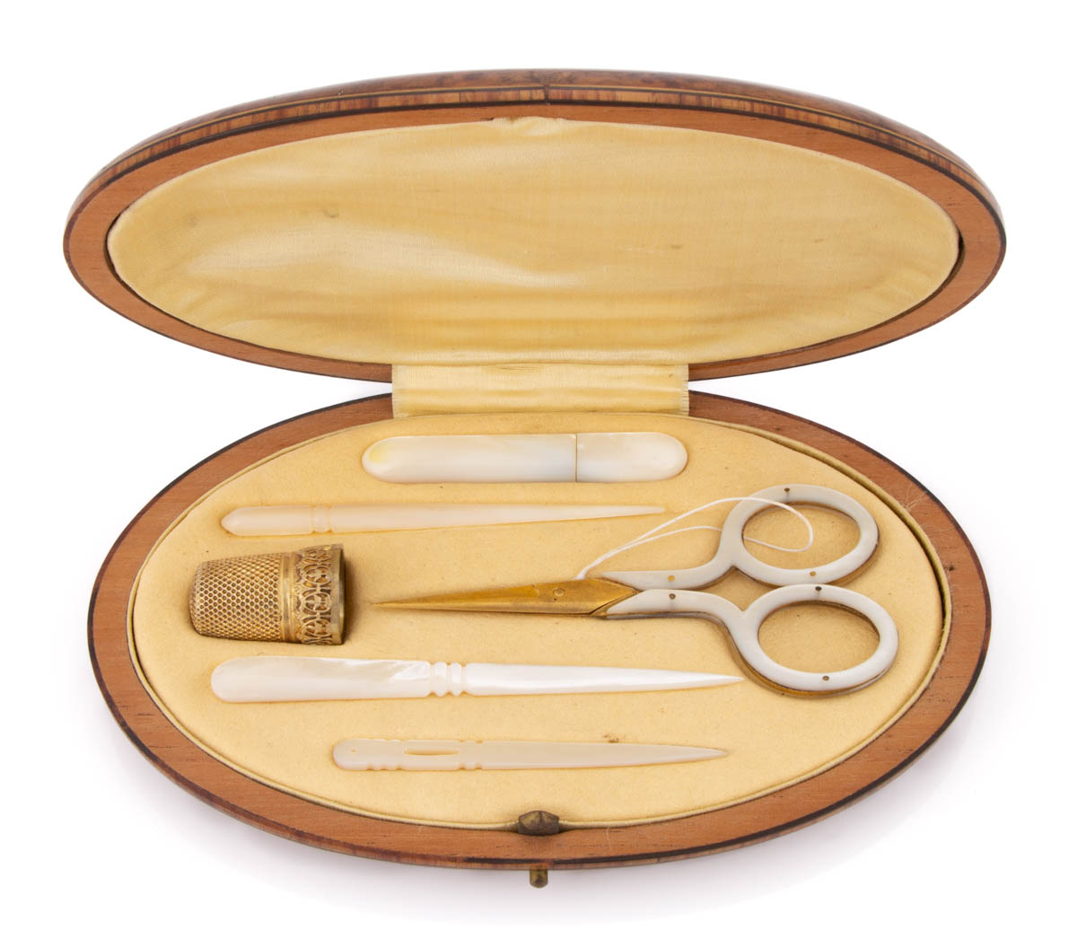 FRENCH MOTHER-OF-PEARL AND GILT METAL SEWING KIT