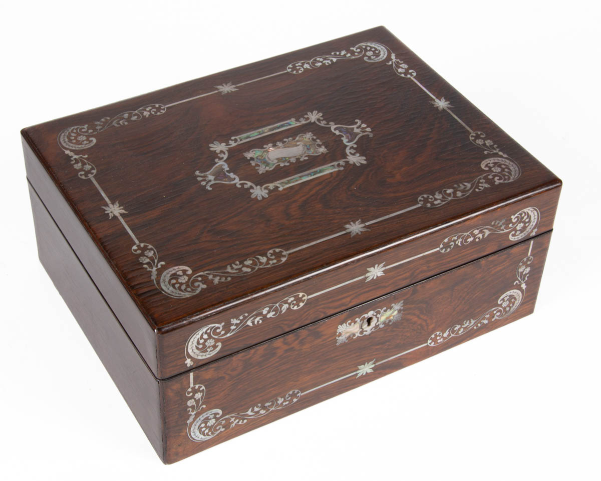 ENGLISH COROMANDEL ROSEWOOD AND MOTHER-OF-PEARL INLAY SEWING BOX / WORK BOX WITH NEEDLEWORKING TOOLS