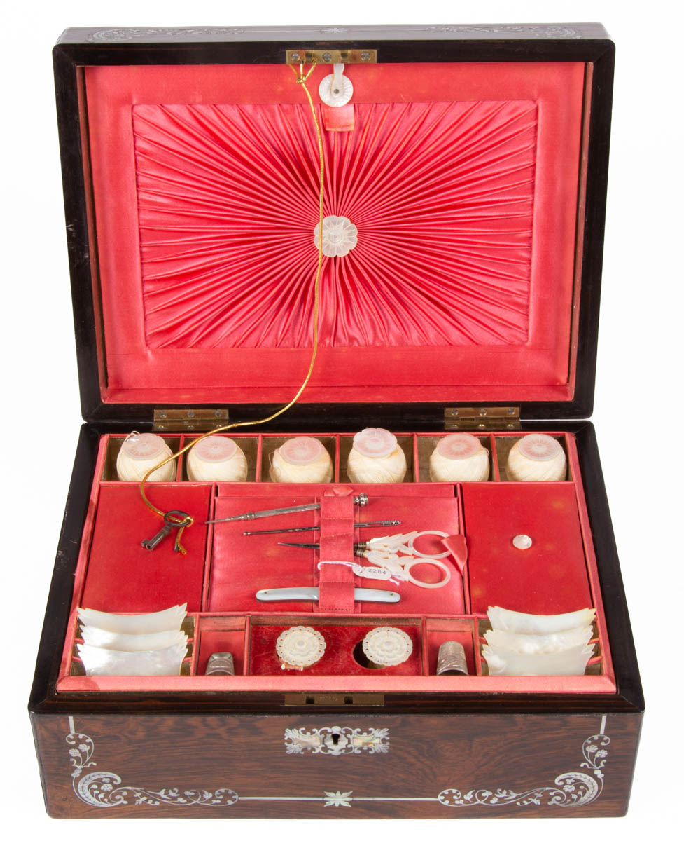 ENGLISH COROMANDEL ROSEWOOD AND MOTHER-OF-PEARL INLAY SEWING BOX / WORK BOX WITH NEEDLEWORKING TOOLS